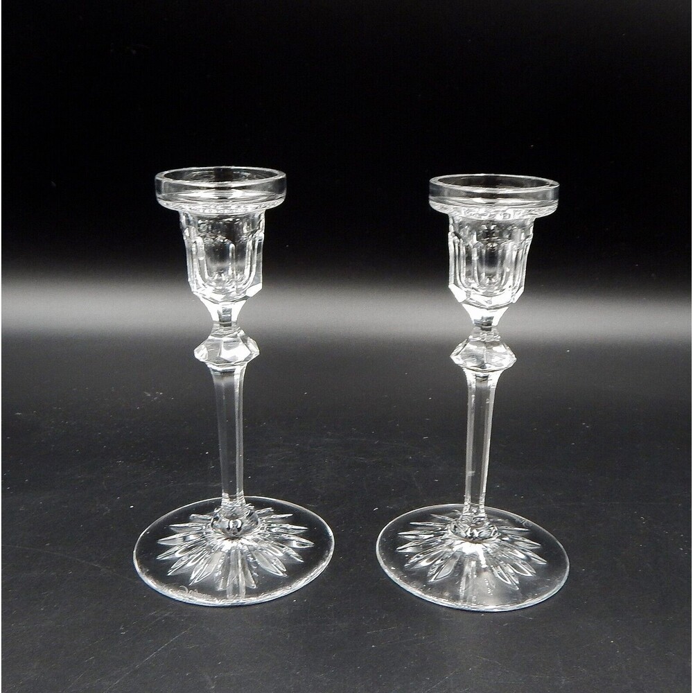 Rogaska Richmond Pattern Crystal Taper Candle Holder Pair Handmade Yugoslavia